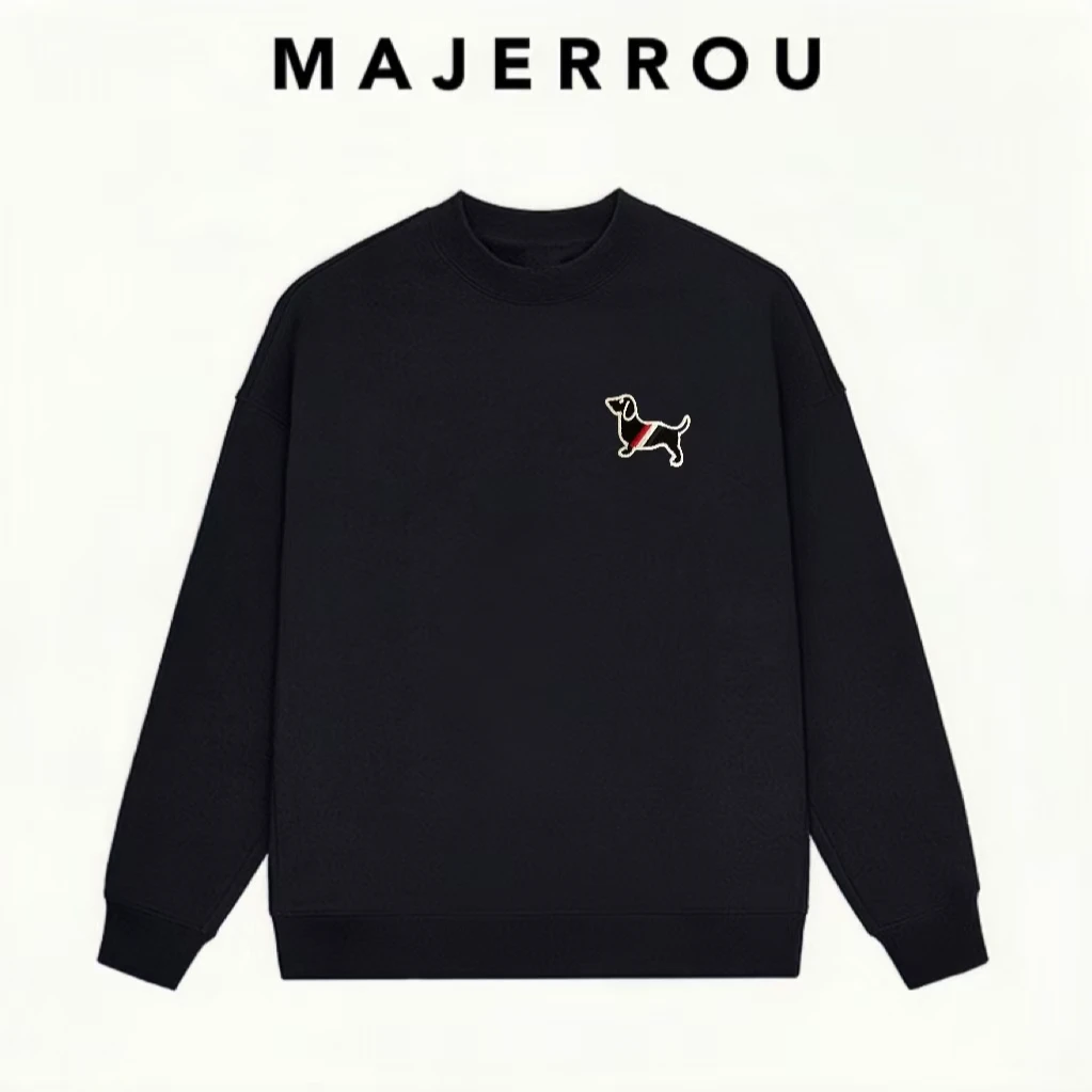 MAJERROU/玛基欧刺绣小狗卫衣男士秋冬简约时尚经典加绒圆领长袖T