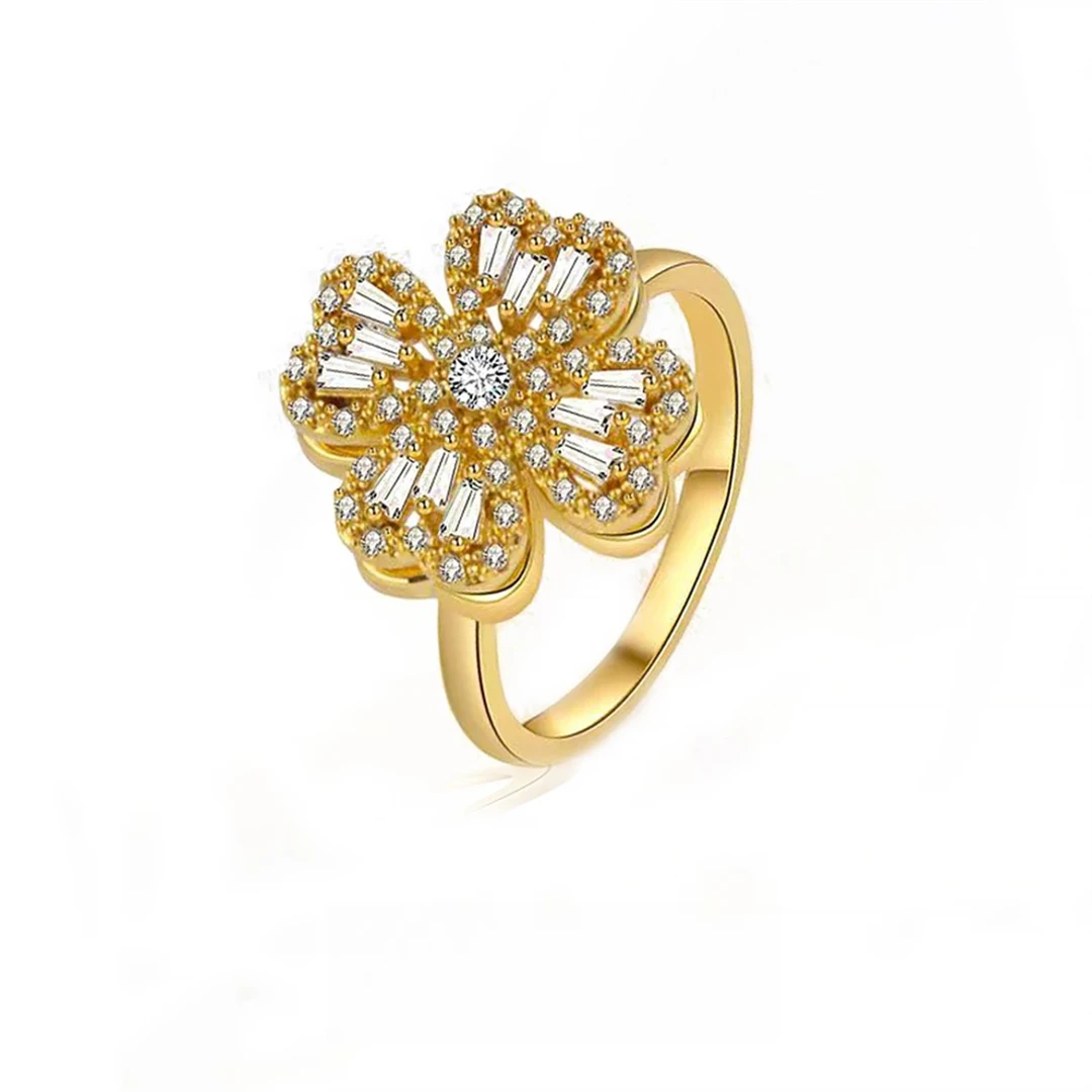 铜合金合成锆石戒指 QD可旋转法式四叶草轻奢百搭时尚戒指XM-118