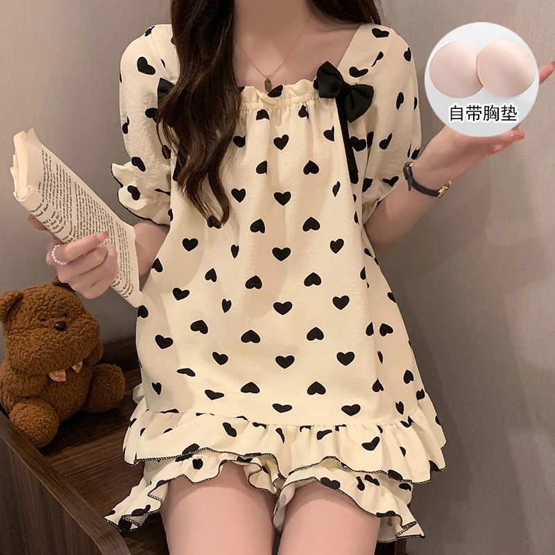 带胸垫套装睡衣女夏季短袖爱心蝴蝶结甜美花边家居服夏天薄款少女