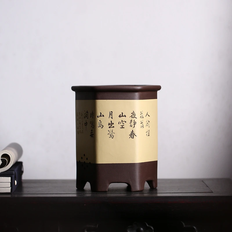 紫砂兰花盆名家蒯多辉款六角形六方形通转山水手工盆景盆觅陶乡