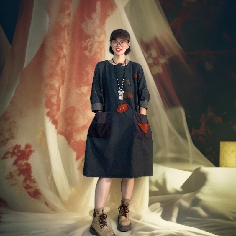 【豪雅】2024秋季新款复古民族风长袖宽松连衣裙大码女装时尚减龄爆