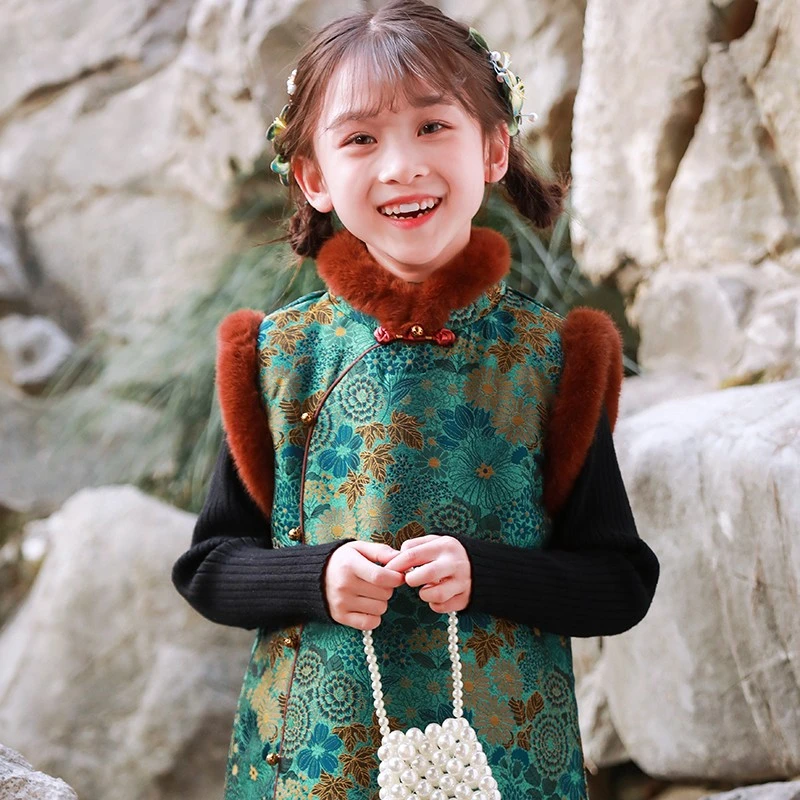 儿童旗袍冬季背心裙女童拜年服女孩中国风连衣裙复古洋气旗袍裙