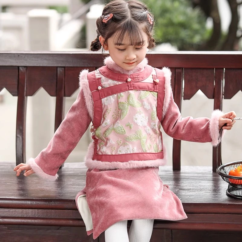 叙罗儿童唐装马甲小女孩拜年服新年装马甲两件套冬加厚古风汉服