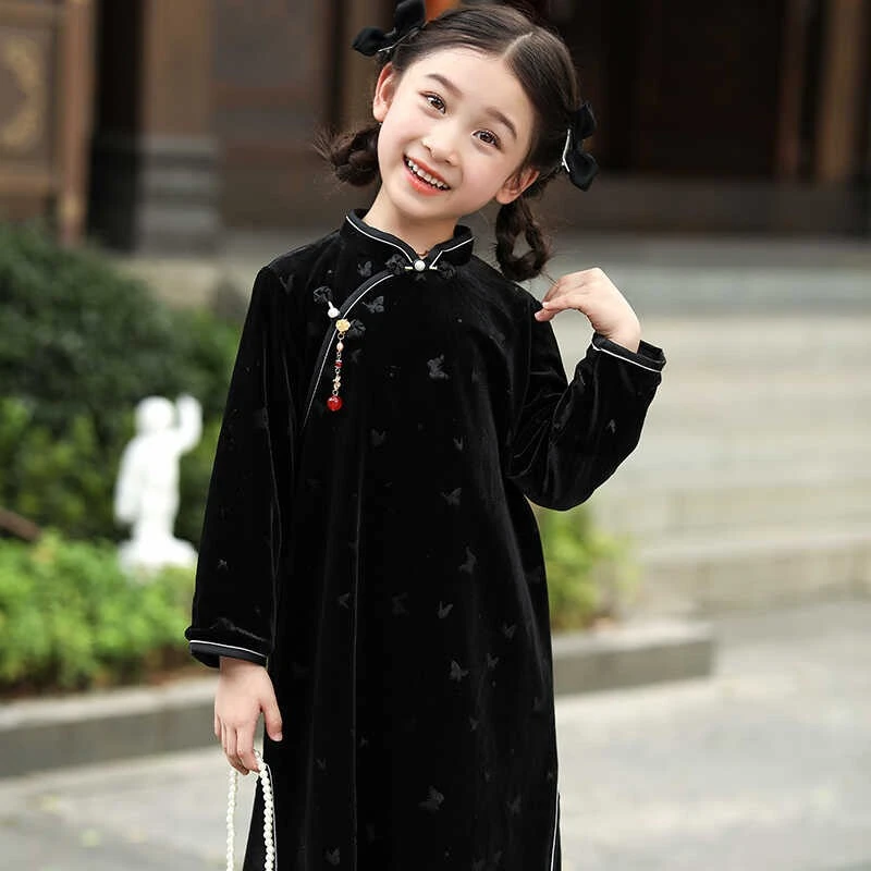 女童旗袍秋季长袖丝绒小女孩中国风复古汉服儿童中国风洋气连衣裙