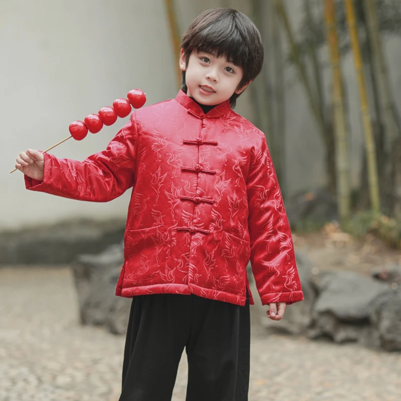 男童唐装冬季儿童新年装棉服外套小孩拜年服喜庆红色中式礼服