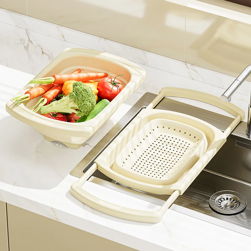 【哈乐熊】奶油伸缩沥水篮厨房水槽放碗架蔬菜沥水架水池收纳置物架