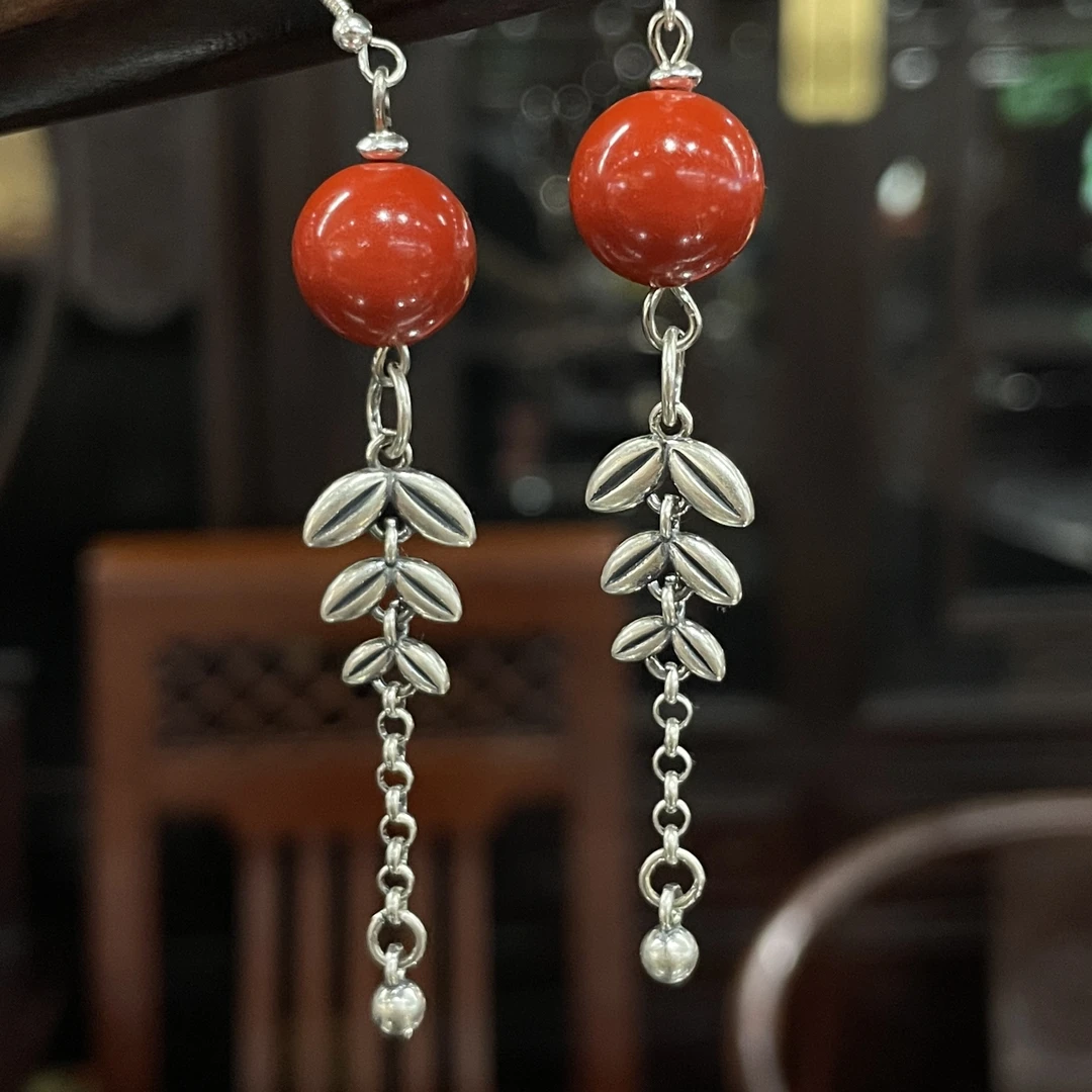 天然辰砂麦穗款 925银朱砂耳钩12+mm 时尚气质百搭