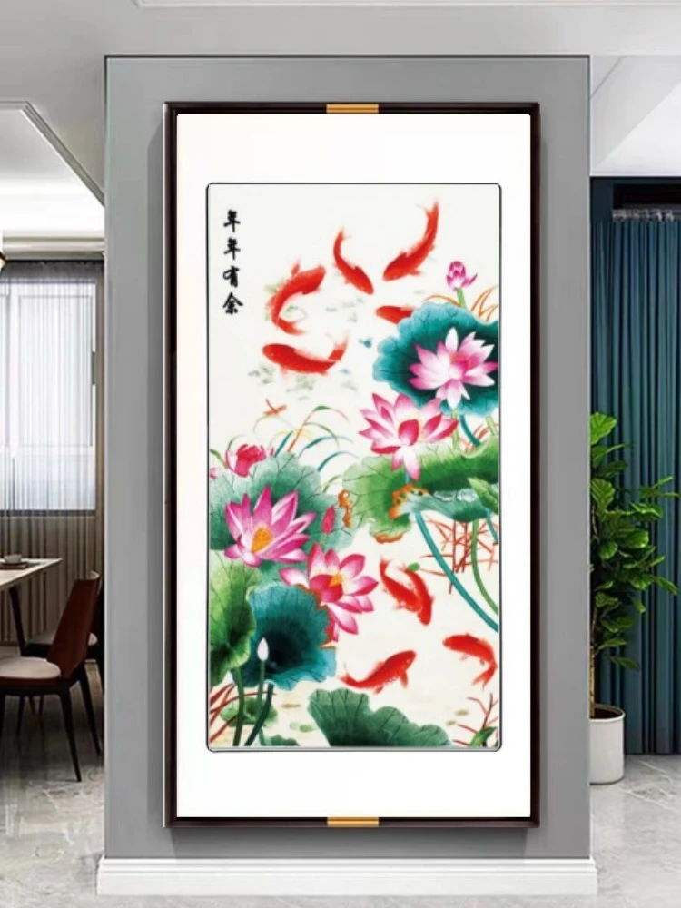 刺绣新中式装饰画客厅现代环保玄关餐厅实木线条结构实物挂画苏绣