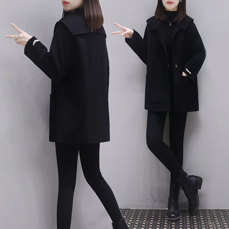 秋冬双面羊绒大衣女士2024年新款宽松显瘦小个子海军领毛呢子外套