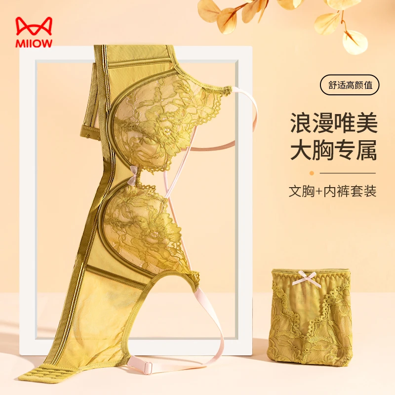 猫人聚拢调整型文胸大胸显小性感蕾丝唯美套装收副乳防下垂透气