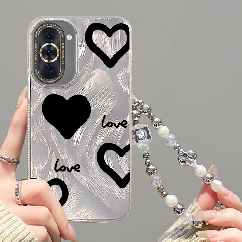 适用于【华为】Nova10Pro黑色心心创意高级时尚羽纱防摔手机壳