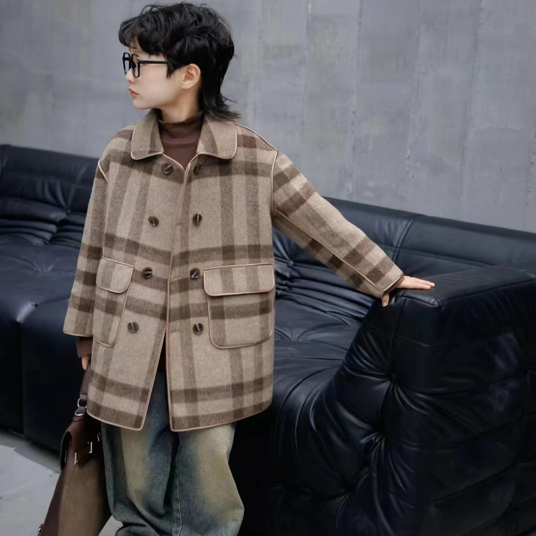 儿童大衣韩版双面洋气大衣毛呢外套中大童秋冬中长款大衣外套格子