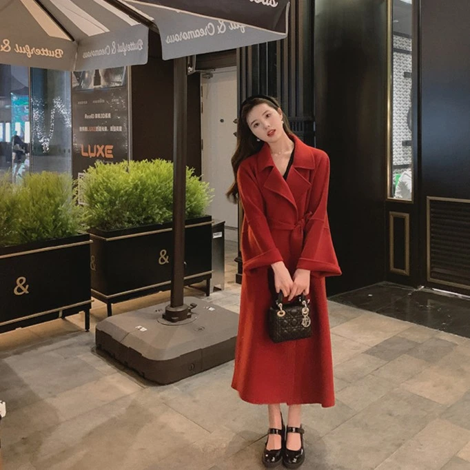 【西西里大衣】双面羊毛大衣短毛红色呢大衣外套时尚法式结婚