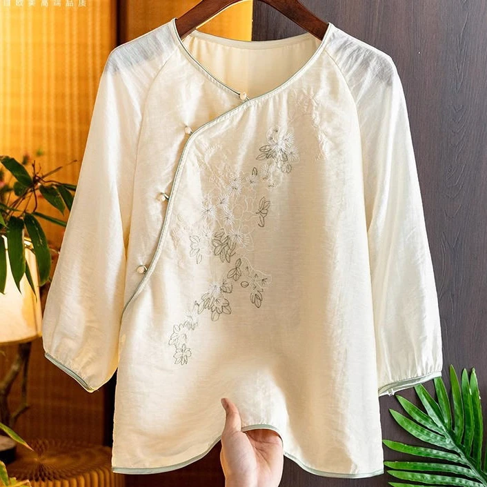 【退换包运费】文艺复古盘扣国风刺绣棉麻衬衫中式斜襟茶服Y941