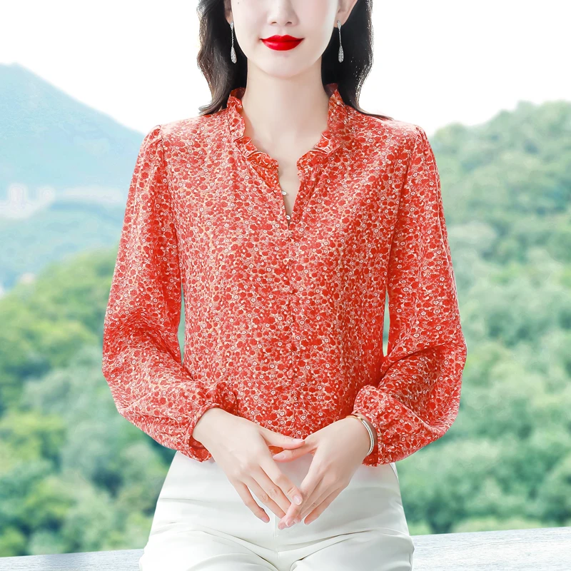 K8245长袖碎花气质雪纺衫2024年春秋季时尚小衫女士遮肚减龄上衣