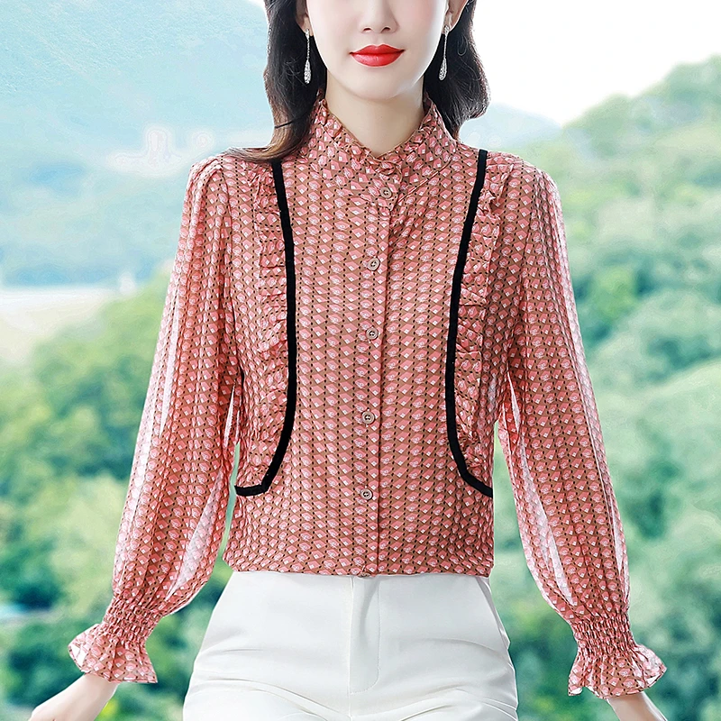 印花雪纺衬衫2024年春秋季新款时尚显瘦小衫女士减龄气质别致上衣