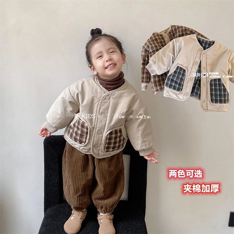 儿童加厚外套冬款两面穿男童女童外穿洋气宝宝棉衣森系复古棉袄潮