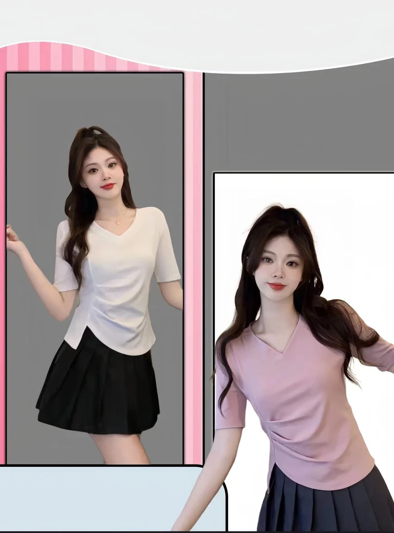 2025新款爆款女纯色T恤显瘦气质修身时尚夏季不规则上衣遮肚子08