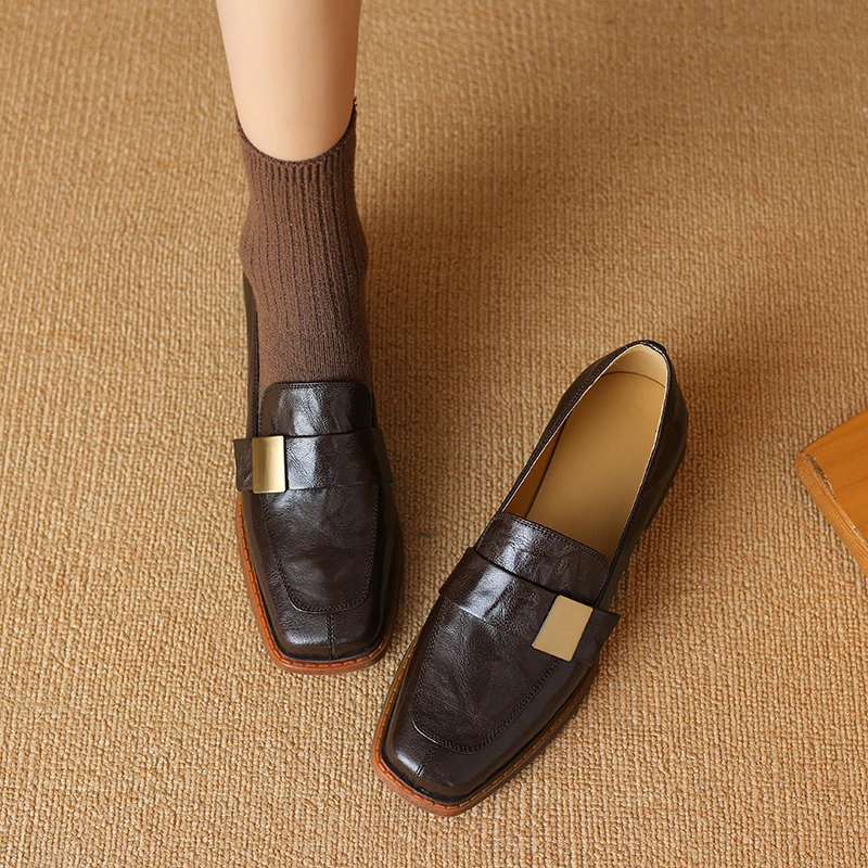 新款高品质4cm 羊皮法式复古方头粗跟2024春秋新款金属英伦风单鞋