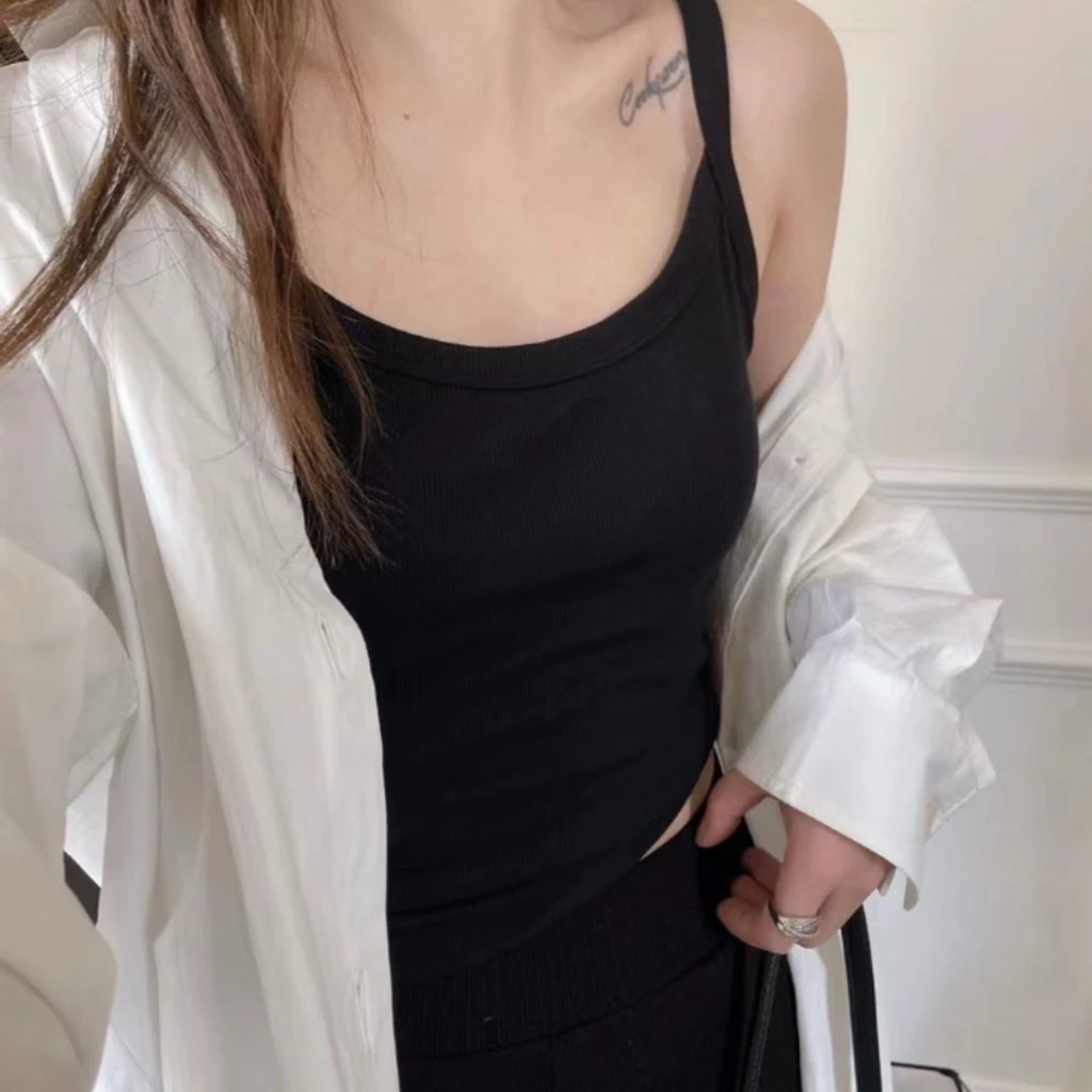 新款百搭一体杯背心大U领纯棉修身螺纹多巴胺潮流打底小吊带通勤