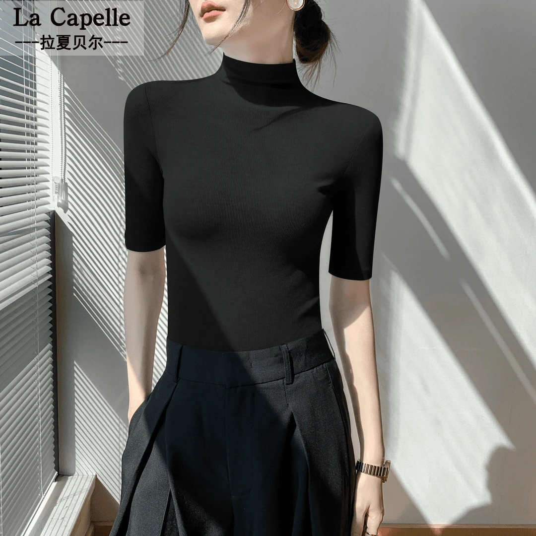 拉夏贝尔半高领中袖T恤打底衫修身显瘦气质内搭五分袖半中袖上衣