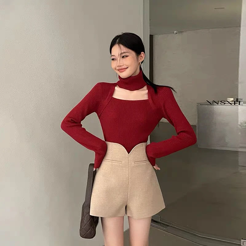 东大门2023秋冬新款时尚气质百搭挂脖方领修身显瘦长袖针织衫女