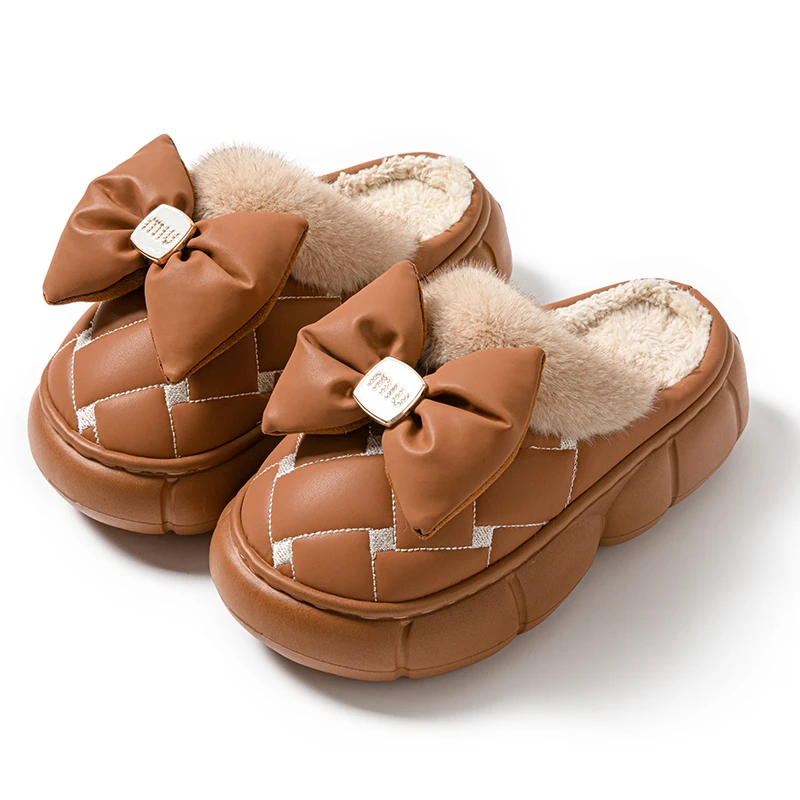 蝴蝶结棉拖鞋女厚底秋冬季居家用学生少女心宿舍冬天保暖毛绒拖鞋