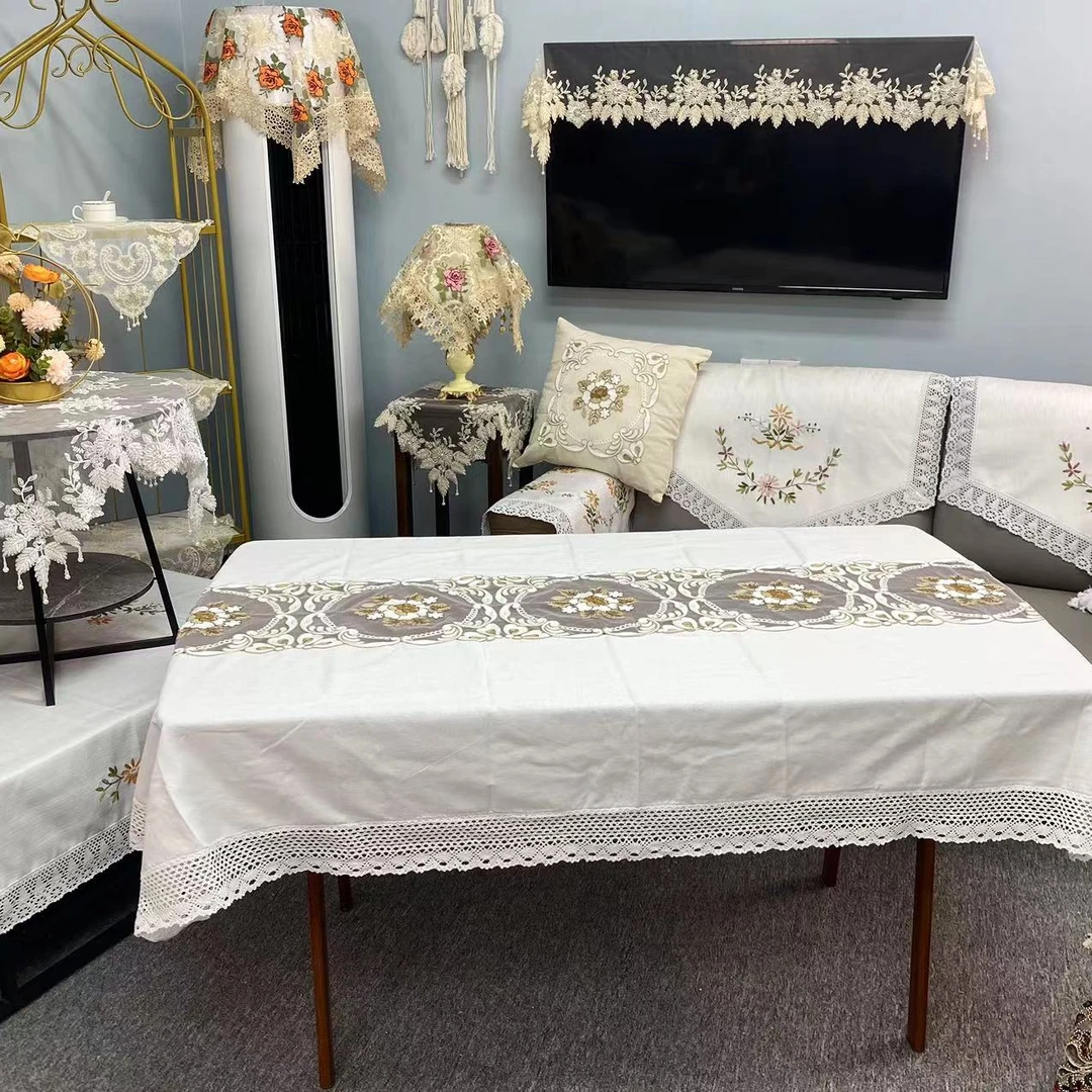 E-32【130*180CM】白色老棉线金牡丹桌布盖巾桌布茶几布防尘盖布