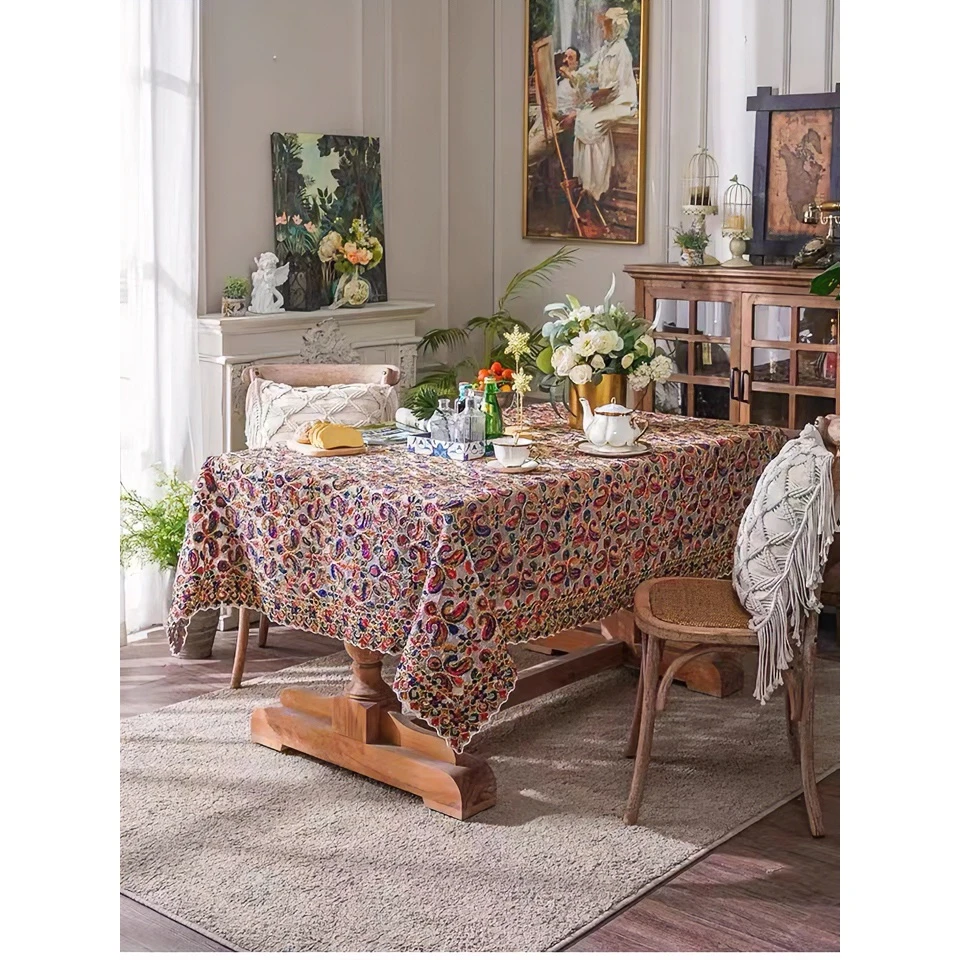 B-18彩色（130*180）正方形餐桌茶几布美式双绳刺绣民族风茶几餐布