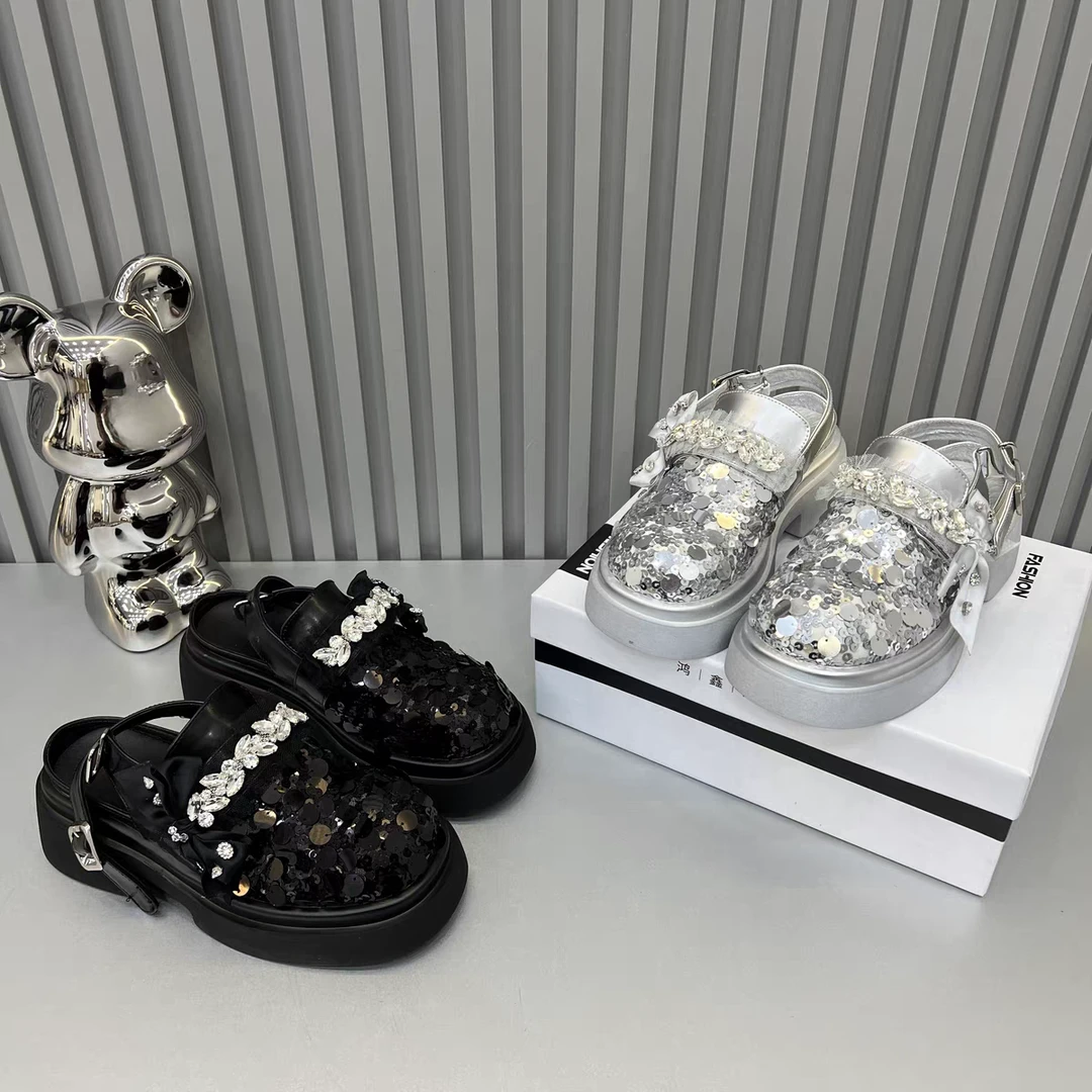 (新疆包邮)6307夏季亮片水钻法式气质外穿厚底增高包头凉鞋