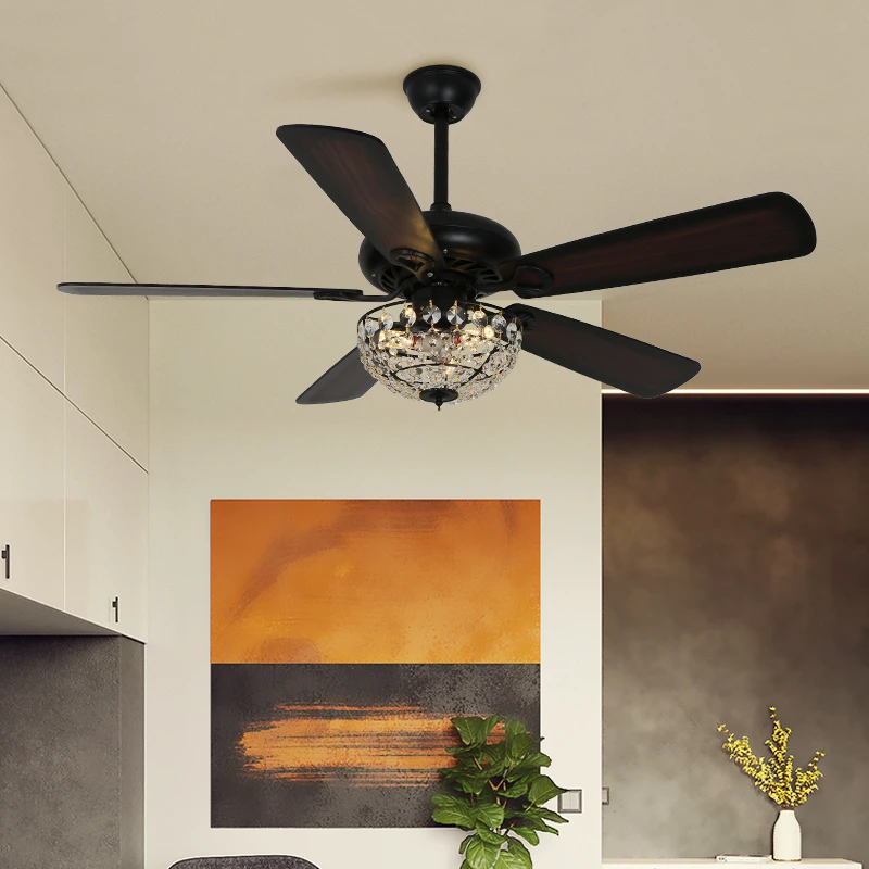 新款水晶木叶黑色吊扇灯 餐厅美式乡村家用遥控静音服装店风扇灯
