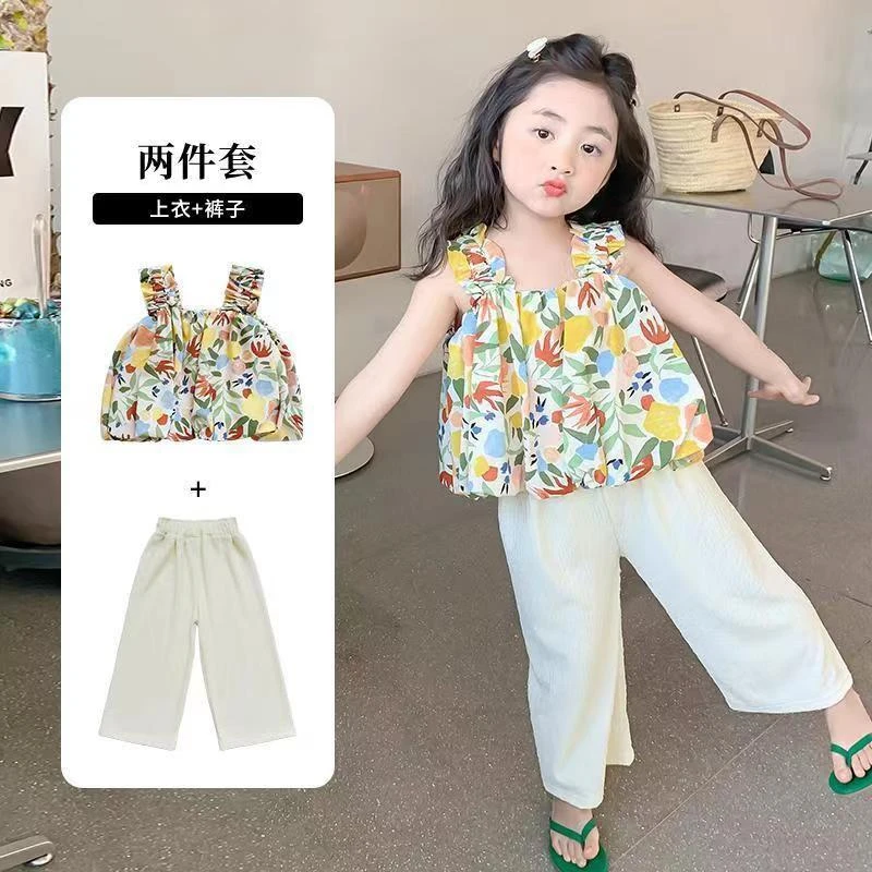 女童装时髦套装洋气童装2024新款儿童碎花吊带宝宝背心休闲两件套
