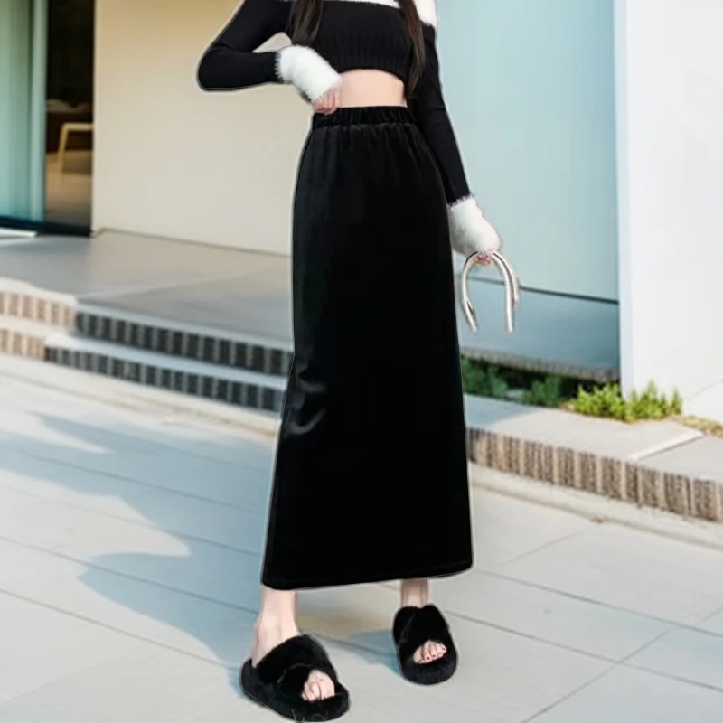 【莉姐推荐6636】春秋金丝绒半身裙开叉直筒裙百搭气质包臀裙中长裙