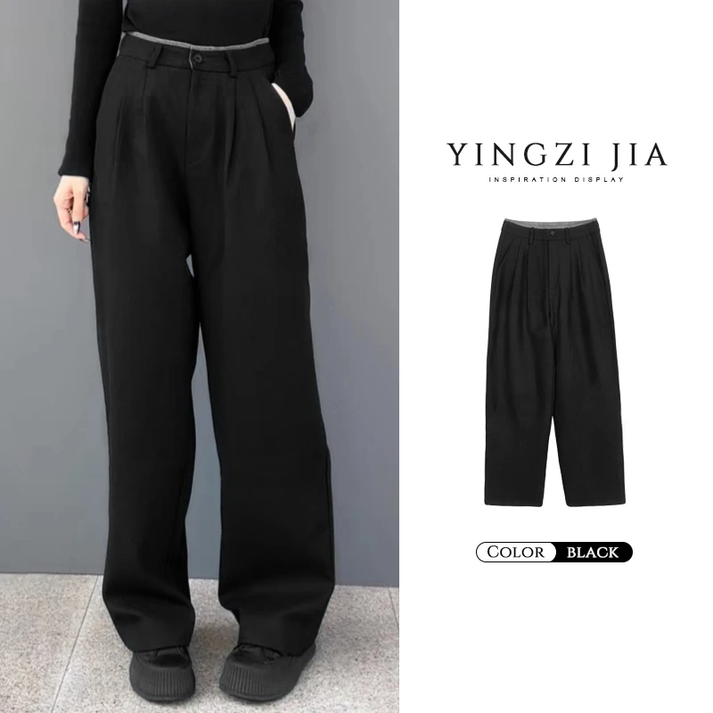 【樱子家】1557F拼色腰头加厚显瘦休闲直筒长裤加厚直筒裤