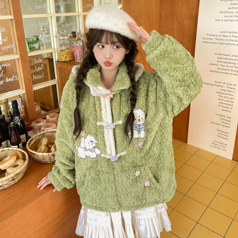 森女部落原创萌趣卡通小狗绒衫保暖冬天外套软妹2025秋冬新款女装