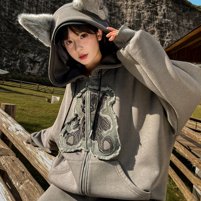 森女部落原创高级感灰色潮牌帽衫宽松卫衣秋2024年秋冬新款女装