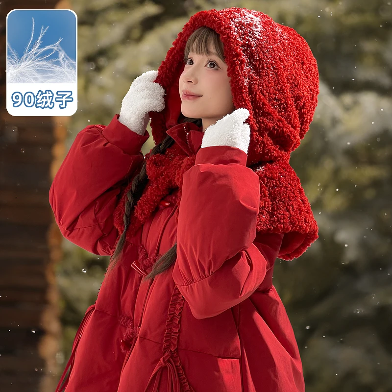 【保暖羽绒服】【现货】森女部落原创甜美小红帽白鸭绒连帽羽绒服