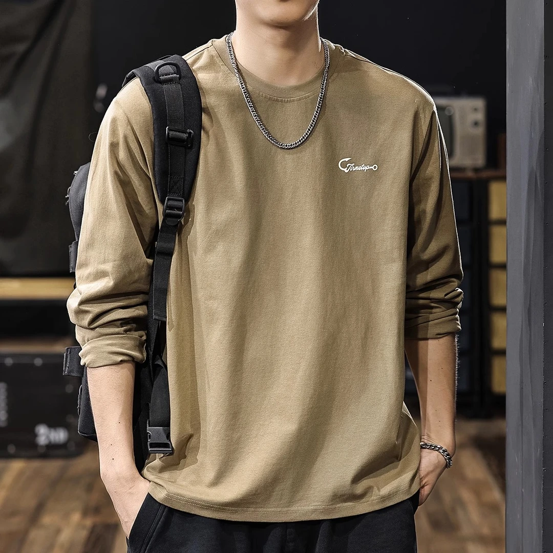 Cebrodz新款重磅纯棉长袖T恤男宽松圆领简约百搭打底衫t男士衣服