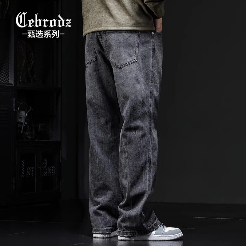 Cebrodz宽松阔腿美式复古渐变牛仔裤男潮牌高街直筒薄款裤子春秋