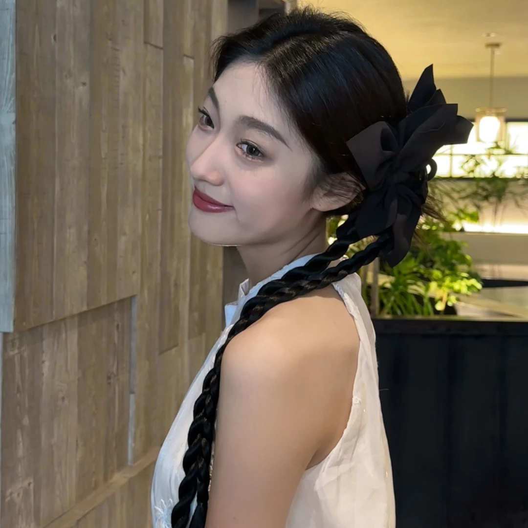 黑蝴蝶结假发辫子 新中式假发抓夹双马尾蝴蝶结麻花辫自然仿真发