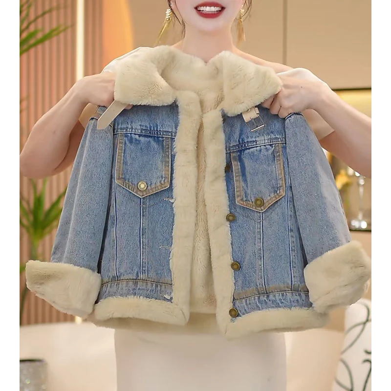 【闺蜜家】女童2024秋冬季新款时尚加绒加厚翻领牛仔棉服外套-7191