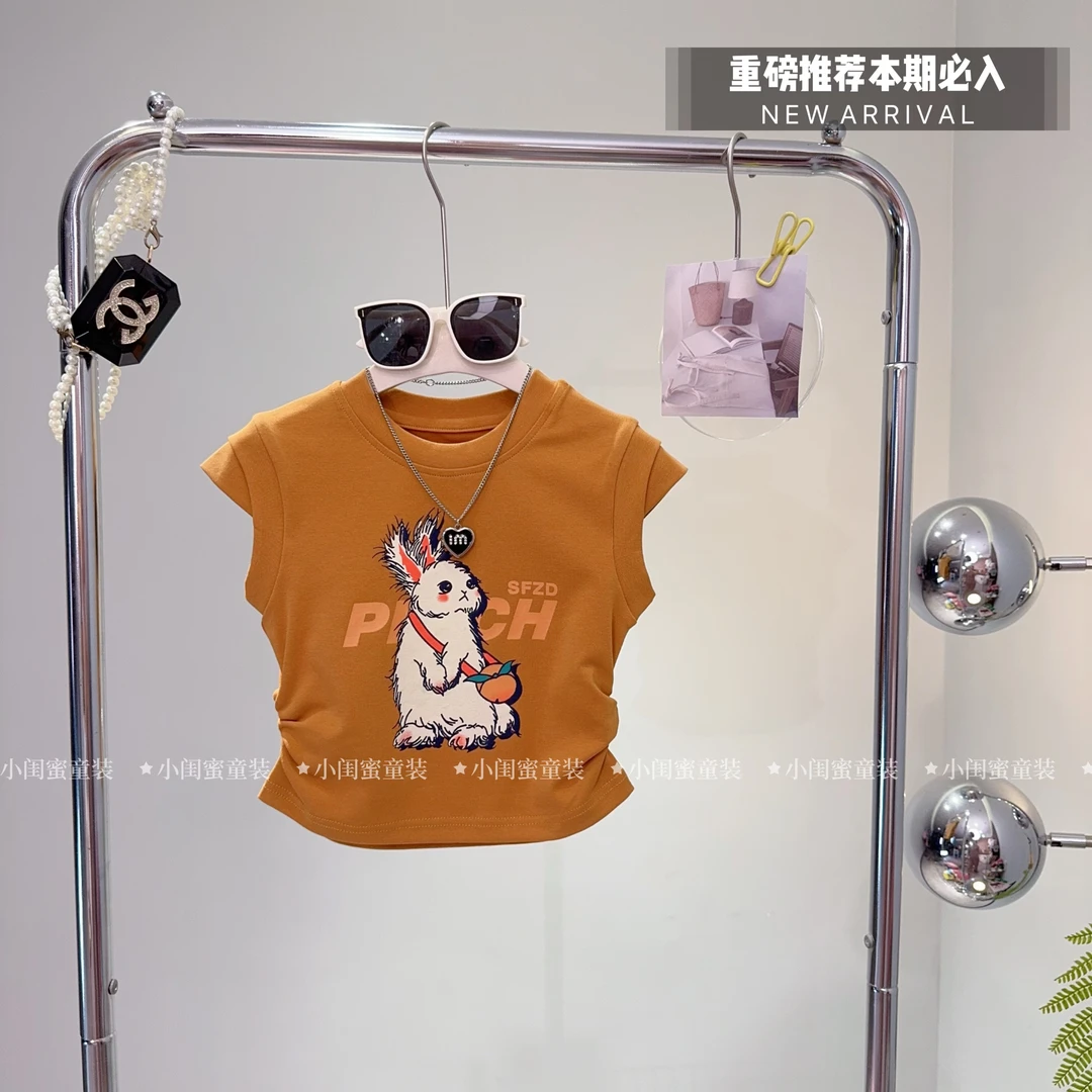 女童夏装2024新款时尚百搭卡通兔子设计感无袖飞肩修身上衣-6651