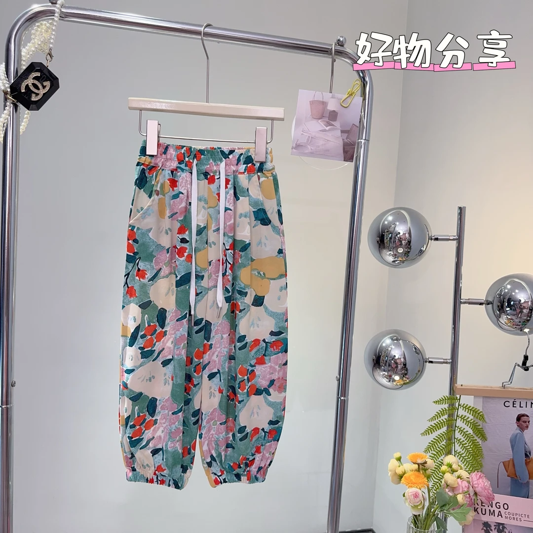 女童夏季2024新款时尚百搭潮流洋气碎花油画宽松休闲雪纺裤-6596