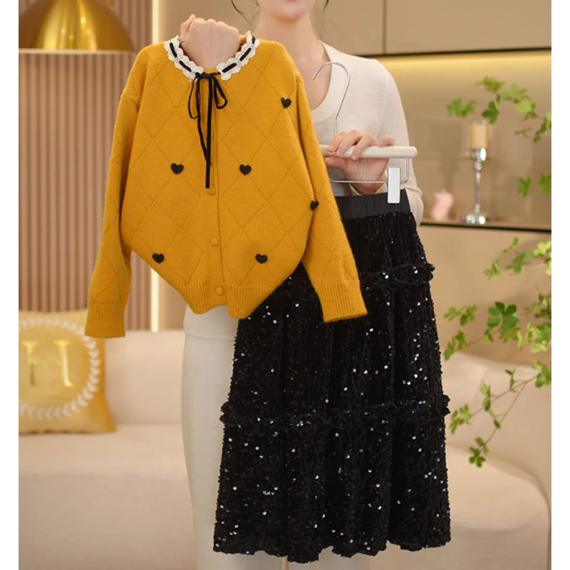 【闺蜜家】女童冬季新款时尚韩系圣诞红毛衣开衫+加绒裙子套装-7456