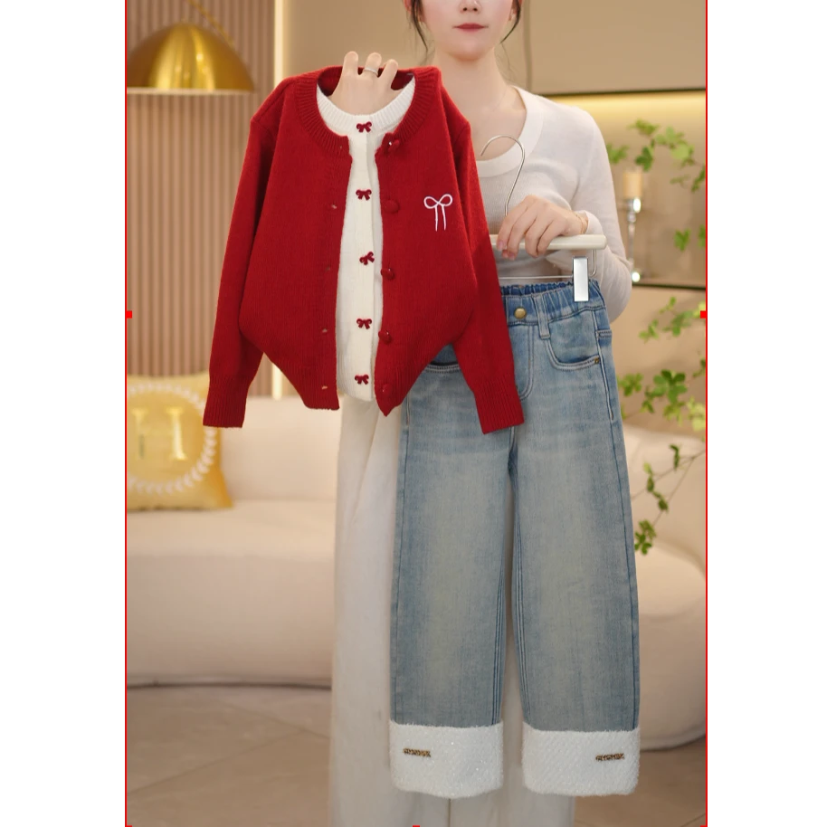 【闺蜜家】女童冬季新款韩系假两件红毛衣开衫+加绒牛仔裤套装-7416