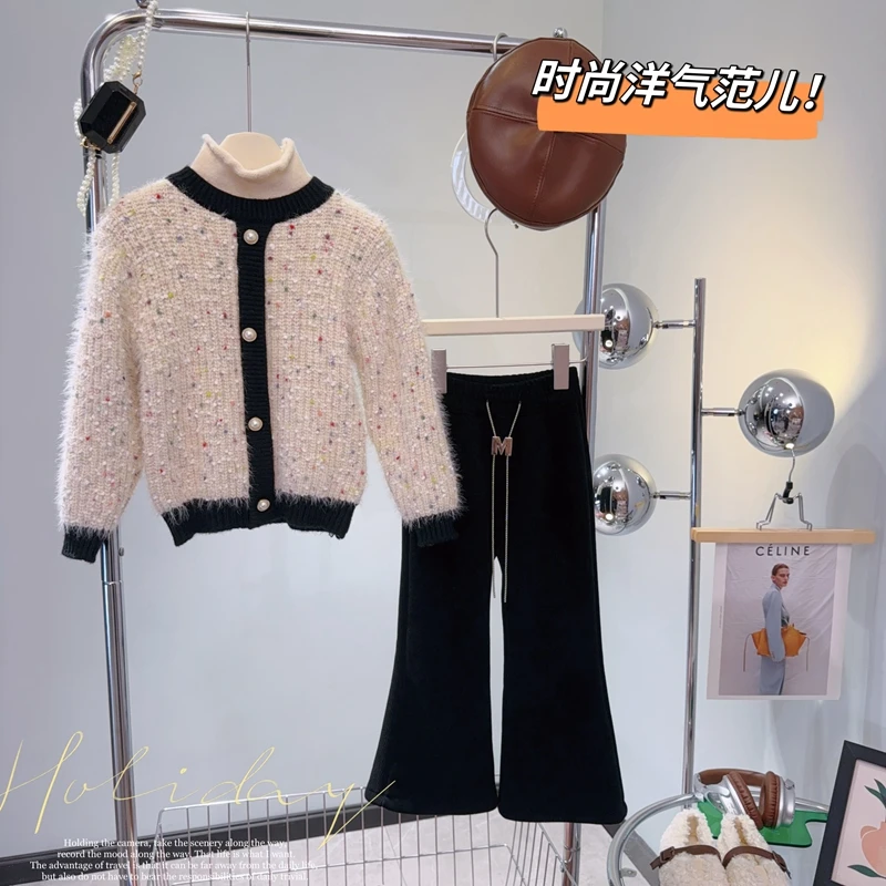 【闺蜜家】2023秋冬季新款女童韩版小香风针织毛衣微喇裤套装-A016