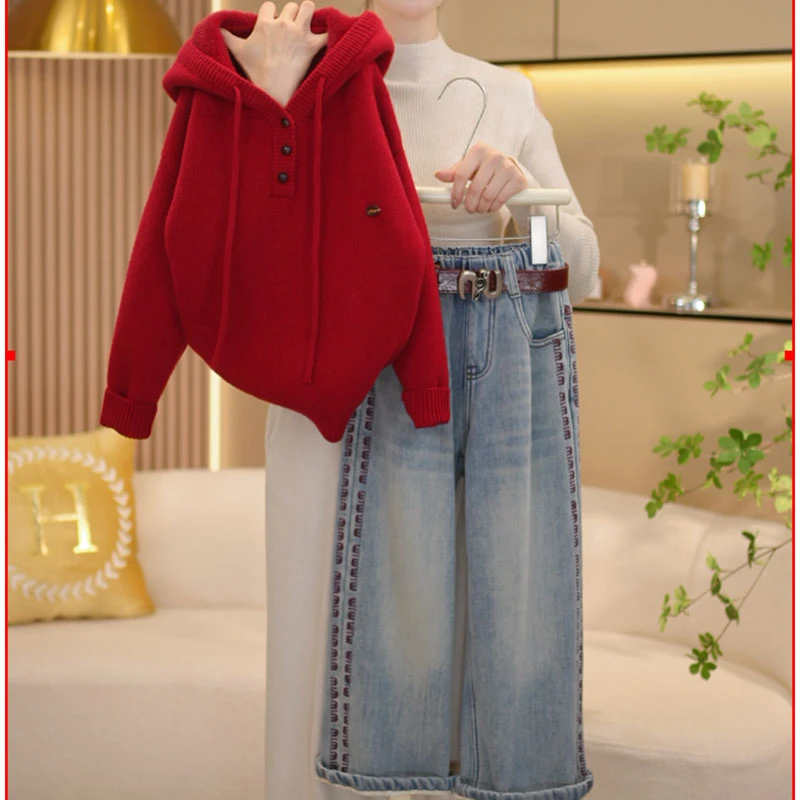 【闺蜜家】女童2024秋冬季新款韩版针织加毛加厚休闲连帽毛衣-7355