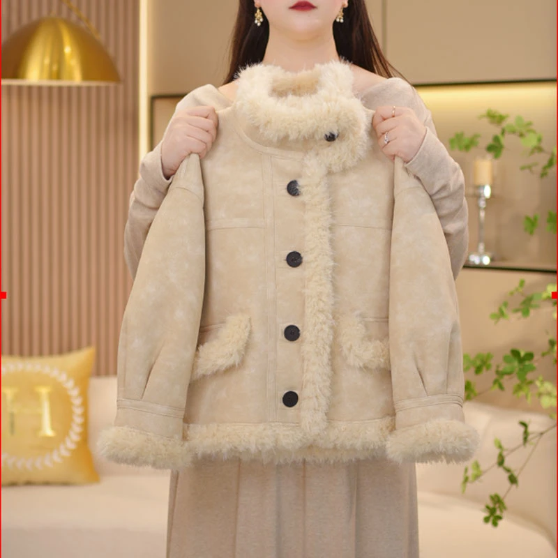 【闺蜜家】女童冬季新款2024时尚韩系加毛加厚机车棉衣外套-7404