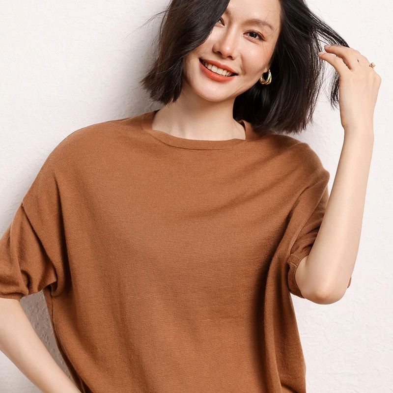 圆领纯山羊绒阔版蝙蝠短袖女秋冬薄款上衣宽松显瘦精纺打底针织衫