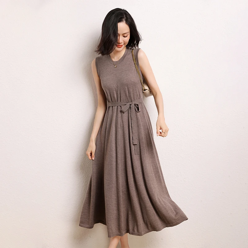春秋新款时尚圆领绑带无袖长裙气质百搭精纺纯山羊绒背心连衣裙女